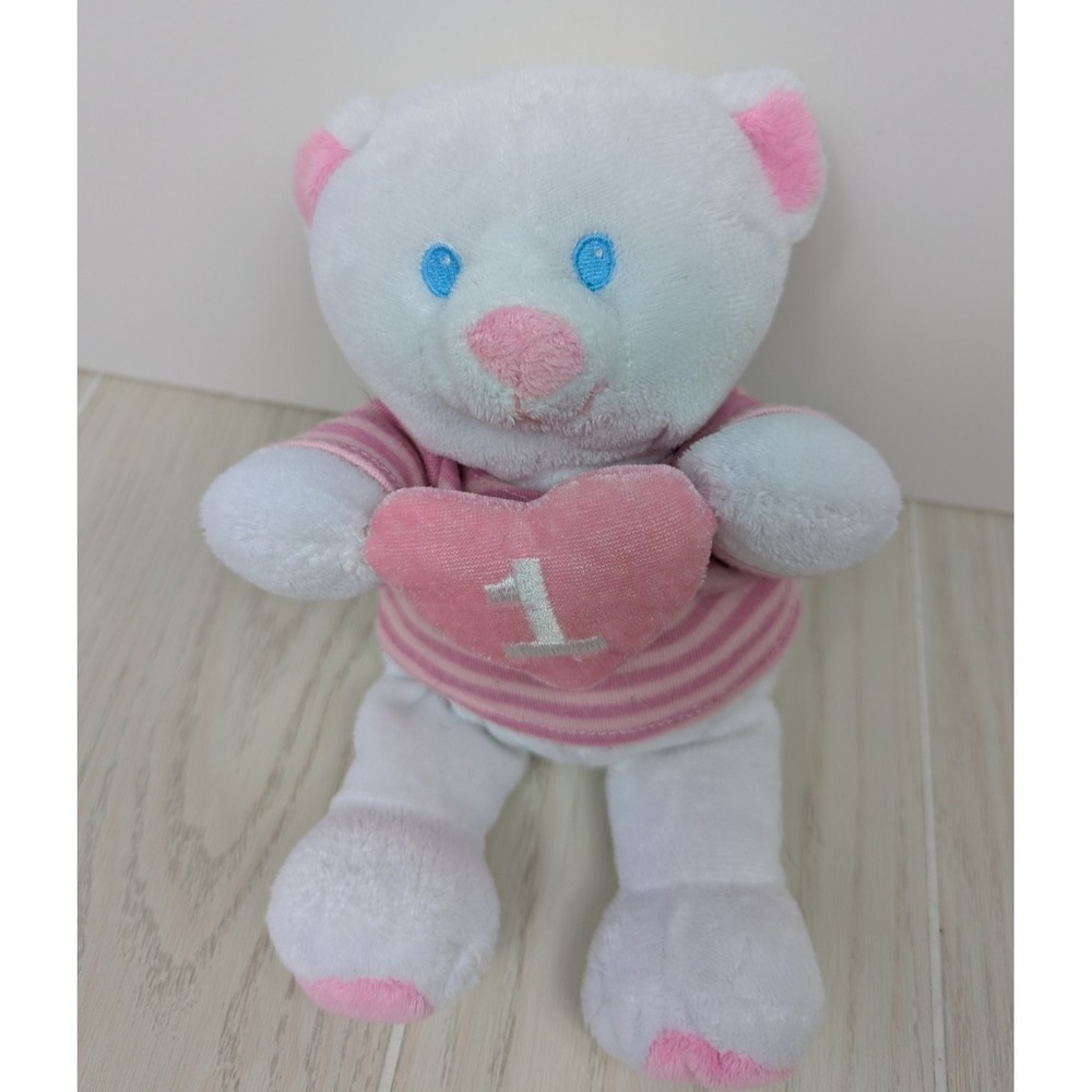 Amscan vintage Plush white teddy bear 1 Heart pink striped shirt blue eyes